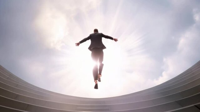 A man in a suit is jumping off a staircase, reaching for the sky. Concept of freedom and ambition, as the man is reaching for something beyond his current reach