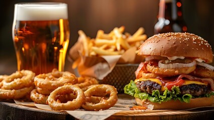 Casual scene at a diner with burger fries onion rings and beer. Concept Food Photography, Diner Vibes, Comfort Food, Casual Dining, Beer Pairings