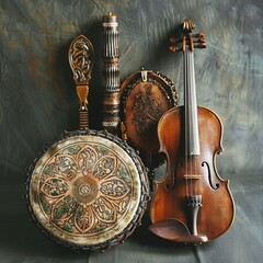 Irish Folk Set Show a fiddle, bodhran, and tin whistle, representing the lively and soulful folk music of Ireland