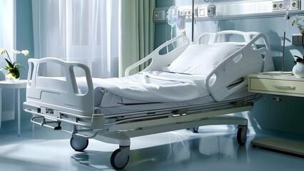 Clean empty hospital bed in a specially designed room for patients. Concept Hospital Bed, Room Design, Patient Comfort, Healthcare Environment, Medical Facilities