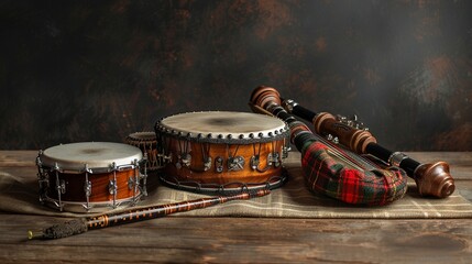 Scottish Highland Set Depict bagpipes, a clarsach small harp, and a snare drum, illustrating the traditional music of the Scottish Highlands