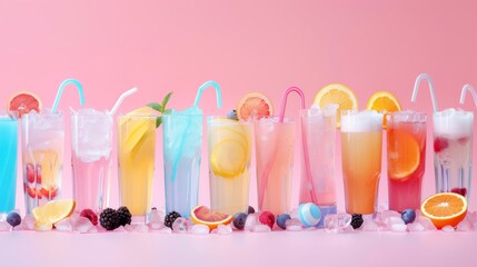 A row of colorful drinks with straws in them