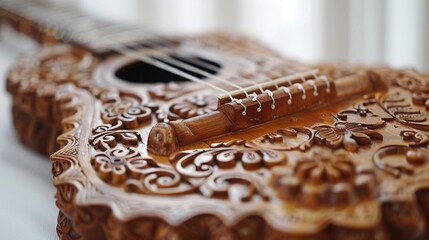 Sitar from India Depict a beautifully carved sitar resting against a white background, symbolizing the classical music traditions of India