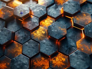 Fototapeta premium Futuristic 3D Geometric Shapes with Illuminated Gold, Brown, Grey, and Black Hexagons | 4K HD Wallpaper