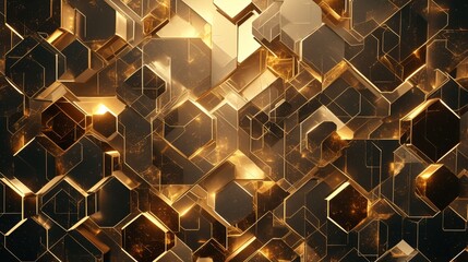 Futuristic 3D Geometric Shapes with Illuminated Gold, Brown, Grey, and Black Hexagons | 4K HD Wallpaper