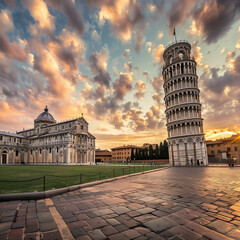 Sunset View of the Leaning Tower of Pisa and Cathedral