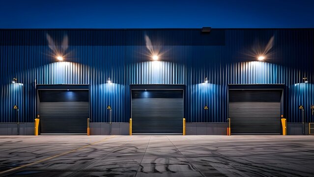 Illuminated industrial building with roller door and concrete floor at night. Concept Industrial Architecture, Night Photography, Urban Landscapes, Industrial Design, City Scape