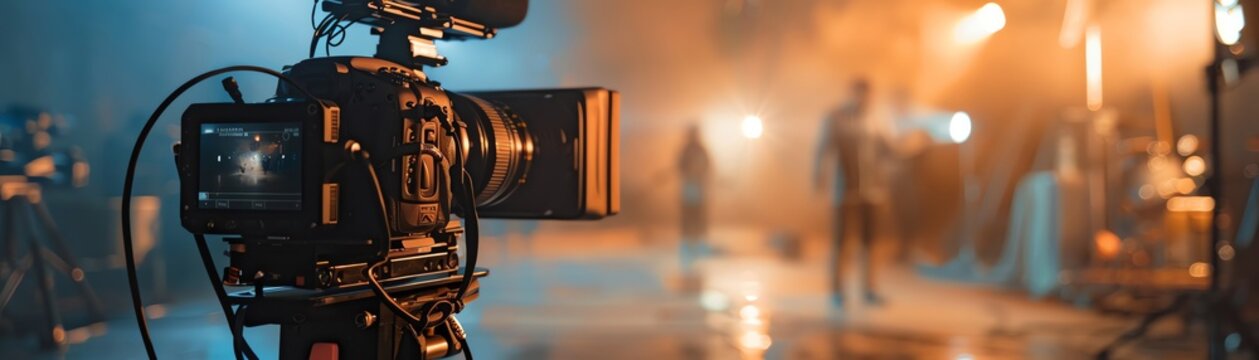A professional camera is set up on a tripod, ready to capture the action. In the background, a crew member is getting ready to direct the scene.