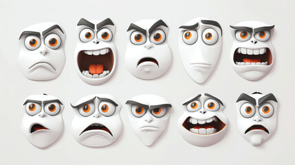 Cartoon retro face. Vintage 30s mascot expression character. Comic eyes and mouth. Old style funny animation faces for trendy design. Happy, angry, sad emotions. 3D avatars set vector icon, white back