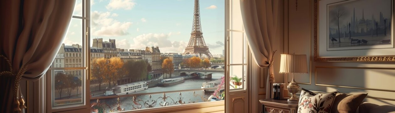 Parisian luxury hotel room with a view of the Eiffel Tower. The room is decorated in a classic style with parquet floors, high ceilings, and large windows.