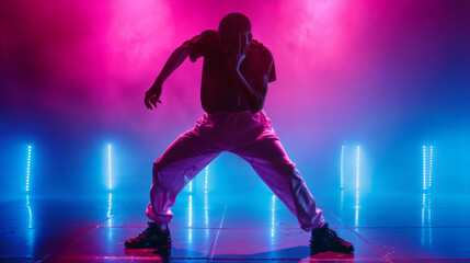 Fototapeta premium Hip Hop dancer dancing on a stage in neon colors. The young man is likely showcasing his dancing skills in a performance setting. Modern dance, clothing, performance art, and music.