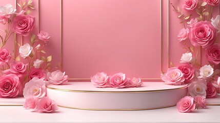 Butterfly podium background pink 3D flower pedestal rose stage cosmetic wedding platform. Background podium gold butterfly arch floral beauty spring presentation shop paper day product mockup
