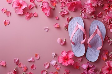 Pink flip flops isolated against a white backdrop. Generative Ai