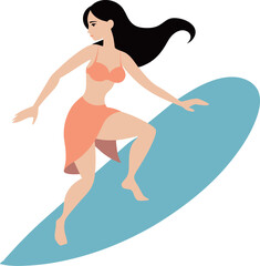 Vector illustration of a girl in a swimsuit surfing on a surfboard