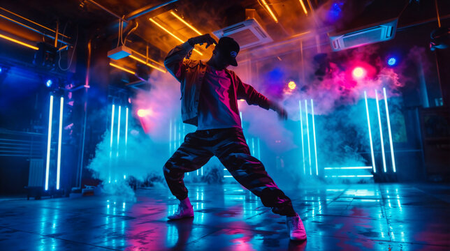 Hip Hop dancer dancing on a stage in neon colors. The young man is likely showcasing his dancing skills in a performance setting. Modern dance, clothing, performance art, and music.