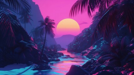 Na obrazie przedstawiony jest tropikalny zachód słońca z palmami. Scena ukazuje intensywne kolory zachodu słońca, palmowe drzewa w cieniu, oraz spokojne morze w oddali