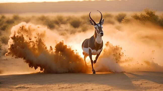 A springbok galloping powerfully through a dusty landscape, kicking up a storm of sand against a dramatic sunset, embodying vitality and the spirit of the wild