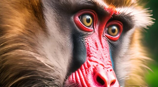 Close-up of a mandrill's face, highlighting its vivid red and blue facial colors and deep yellow eyes, set against a soft-focus background, showcasing the unique features of this exotic primate