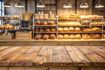 Wooden top with blurred empty bakery shop background can be used for mocking up or display product to make advertising