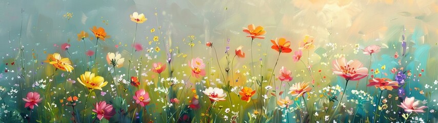Watercolor style wallpaper delicate flowers sway in the breeze, their petals a riot of color against the verdant backdrop of the countryside.