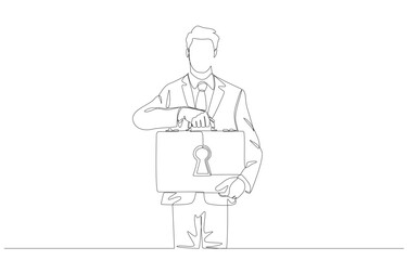 Continuous one line drawing of businessman holding briefcase with keyhole symbol, business secret concept, single line art.