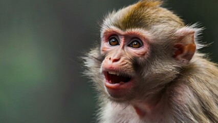 Fototapeta premium Closeup shot of a macaque on a wooden ledge with an opened mouth and blurred natural