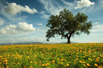 Solitary Tree in Blooming Field – Idyllic Nature Landscape