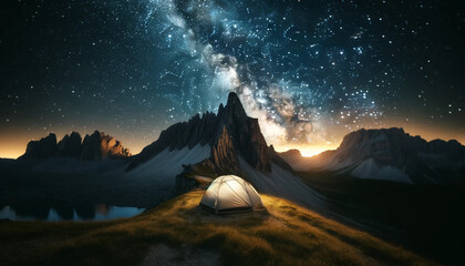 Camping under the stars in a mountainous area with a clear view of the Milky Way, generative ai