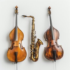 USA Jazz Set Feature a saxophone, trumpet, and double bass against a white background, symbolizing...