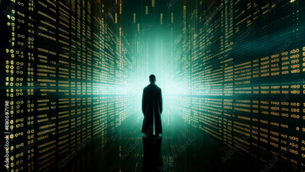 Poster A binary code sequence morphing into a human figure, representing the blurring boundaries between the digital and physical realms.All of the numbers on the walls are different sizes and colors