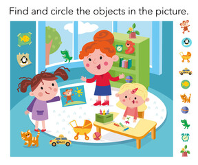 Cute girls and teacher in kindergarten. Find hidden objects. Game for children. Cartoon characters. Vector illustration.