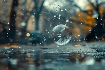 Autumn Raindrops on Pavement with Bokeh Background