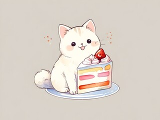 White Cat Cake Sticker Watercolor Art