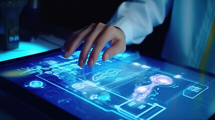 Medicine doctor touching electronic medical record on tablet. DNA. Digital healthcare and network connection on holographic modern virtual screen interface, medical technology and futuristic concept