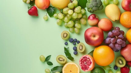 A colorful assortment of fruits including oranges, grapes, strawberries
