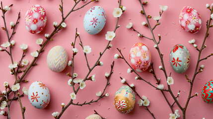 Willow branches and painted Easter eggs on pink background