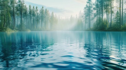 Obraz przedstawia jezioro otoczone przez drzewa. Woda jeziora jest spokojna, a drzewa otaczają je z każdej strony