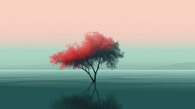 Czerwone drzewo odbija się w spokojnej wodzie, tworząc piękne odbicie. Obrazek przedstawia minimalistyczną ilustrację, gdzie drzewo jest głównym elementem