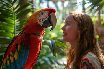 Vibrant Macaw Perched Near Young Caucasian Woman in Tropical Setting