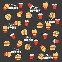 fast food pattern include burger, coke, potato wedges perfect for backgrounds, packaging, textiles, Food and Beverage Designs