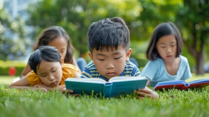 Children Reading Books in Park