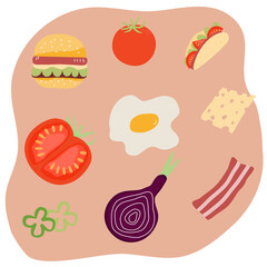 food pattern include burger, onion, paprika sliced, tomato, egg, bacon, tacos, cheese perfect for backgrounds, packaging, textiles, Food and Beverage Designs