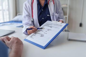 The doctor is examining the patients according to the checklist, annual visits to the doctor for...