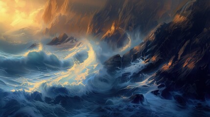 Malowidło przedstawiające ogromną falę rozbijającą się w oceanie na tle skalistych klifów. Fala jest potężna i pełna energii, tworząc piękną, ale także niebezpieczną scenerię - obrazy, fototapety, plakaty