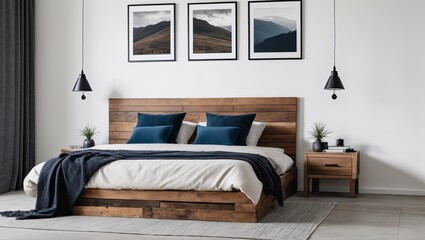 Rustic wooden bed with blue pillows and two bedside cabinets against white wall with three posters frames. Farmhouse interior design of modern bedroom.