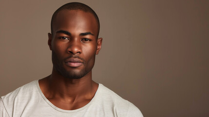 Obraz premium copy space, high resolution photo, 30 year very attractive black man, beautiful brown eyes he is very strong, defined jawline, wearing a simple T-shirt, he looks very confident.