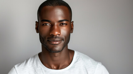 Obraz premium copy space, high resolution photo, 30 year very attractive black man, beautiful brown eyes he is very strong, defined jawline, wearing a simple T-shirt, he looks very confident.