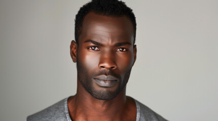 copy space, high resolution photo, 30 year very attractive black man, beautiful brown eyes he is very strong, defined jawline, wearing a simple T-shirt, he looks very confident.