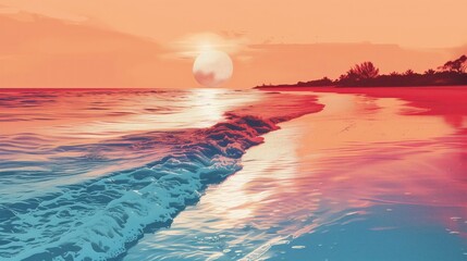 Sun setting over a tranquil beach + White background, synthwave neon, distressed graphic, minimal color and detail --ar 16:9 --v 6 Job ID: 5df76c0a-0b7c-47cd-a550-0d89df035805 - obrazy, fototapety, plakaty