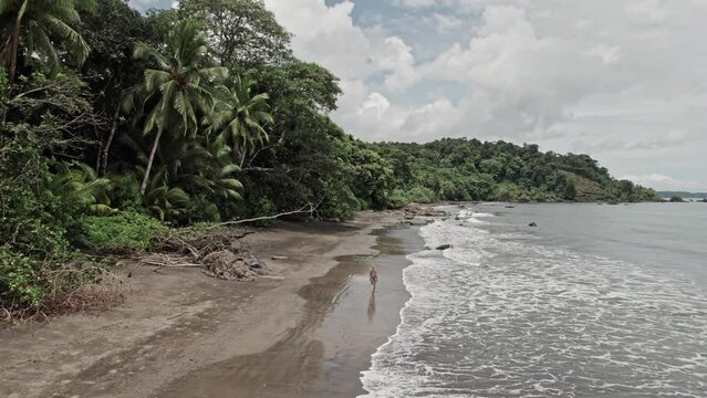 Blonde woman walking along a wild tropical beach alone